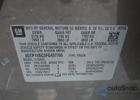 2015 GMC Sierra 1500 Slt z USA, uszkodzony, nr VIN 3GTP1VEC3FG437796